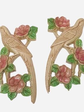 Vintage Miller Bird & Flower Wall Plaques in Pink And Green